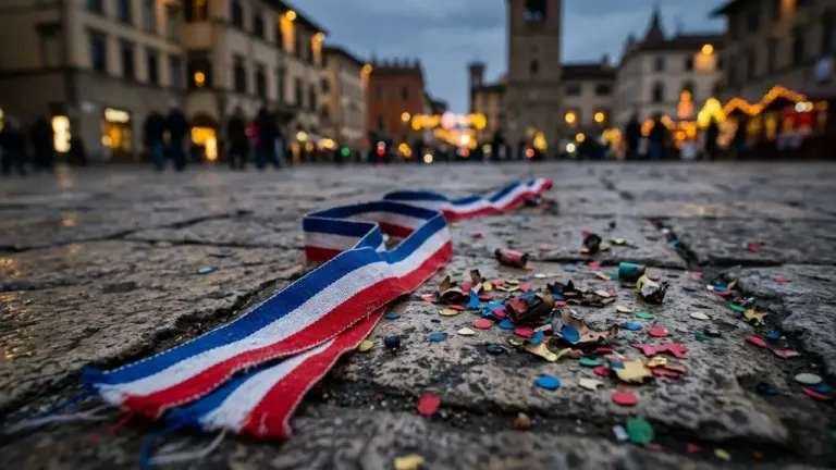 Un ruban tricolore français posé sur des pavés entouré de confettis multicolores au sol.