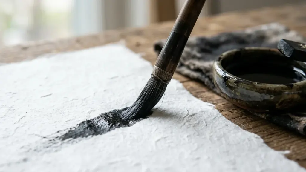 Un pinceau de calligraphie traçant une ligne d'encre noire sur une feuille de papier texturé.