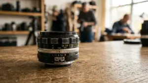 Un objectif photo vintage posé sur une table en bois dans un atelier flou.