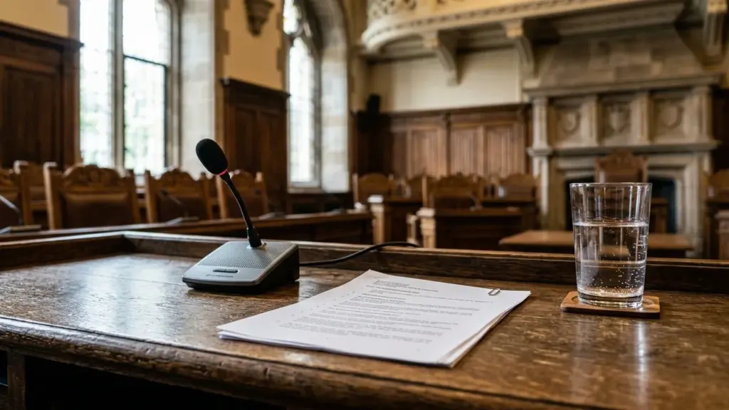Microphone, documents, et verre d'eau posés sur un pupitre en bois dans un tribunal.