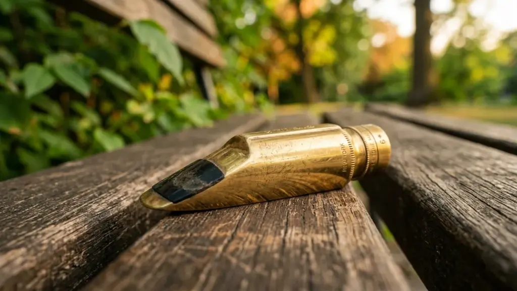 Un bec de saxophone en laiton posé sur un banc en bois en extérieur.