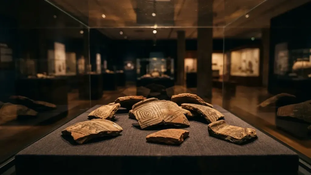 Des fragments de poteries anciennes décorés exposés dans une vitrine en verre au musée.