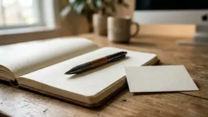 Un carnet ouvert avec un stylo et une carte blanche sur un bureau en bois.
