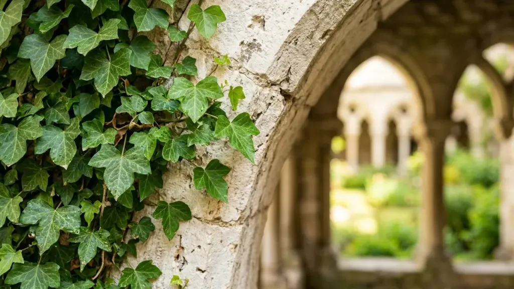 Gros plan sur du lierre grimpant sur un ancien arc en pierre d'un cloître.