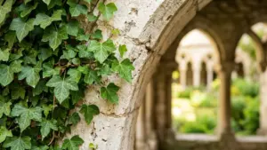 Gros plan sur du lierre grimpant sur un ancien arc en pierre d'un cloître.