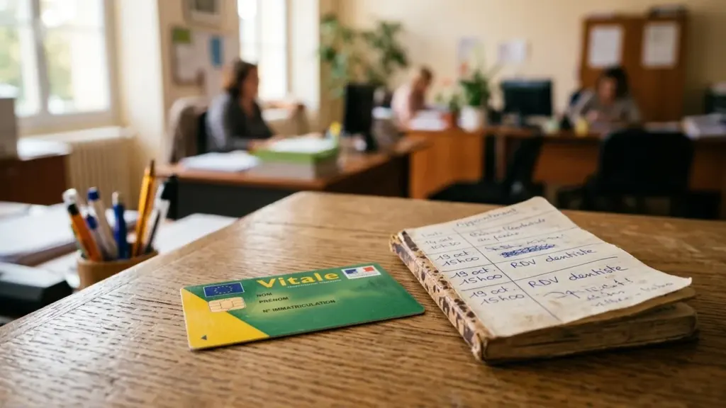 Une carte Vitale et un carnet de rendez-vous posés sur un bureau administratif médical.