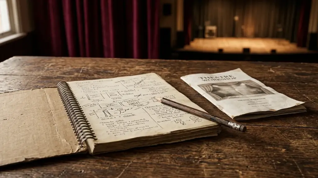 Un carnet de notes et un crayon posés sur une table devant une scène de théâtre.