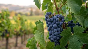 Grappe de raisin bleu foncé mûr suspendue à une vigne dans un vignoble ensoleillé.