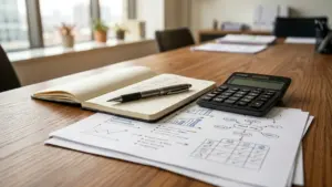 Un carnet ouvert, un stylo et une calculatrice posés sur des graphiques dans un bureau.