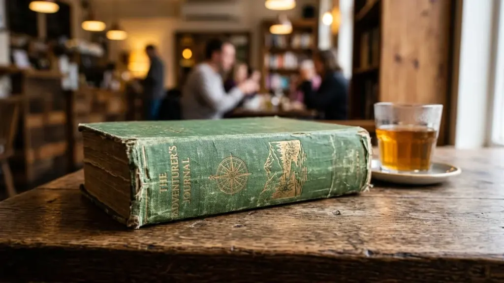 Un vieux livre vert intitulé The Adventurer's Journal posé sur une table en bois.
