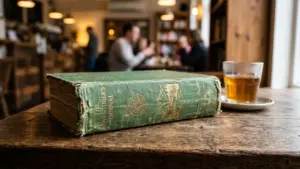Un vieux livre vert intitulé The Adventurer's Journal posé sur une table en bois.