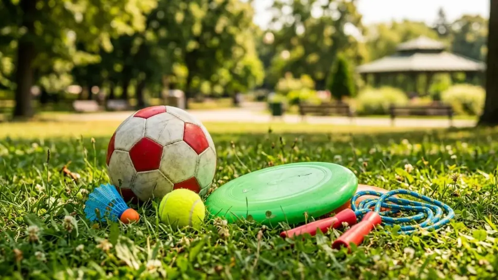 Un ballon de football, un volant, une balle de tennis, un frisbee et une corde