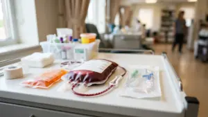 Un chariot médical avec une poche de sang, des tubes et du matériel de transfusion.