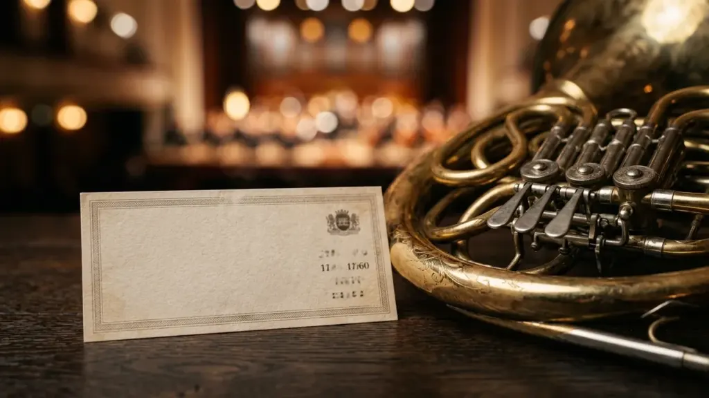 Un cor d'harmonie en laiton posé près d'une carte d'invitation vide sur une table.