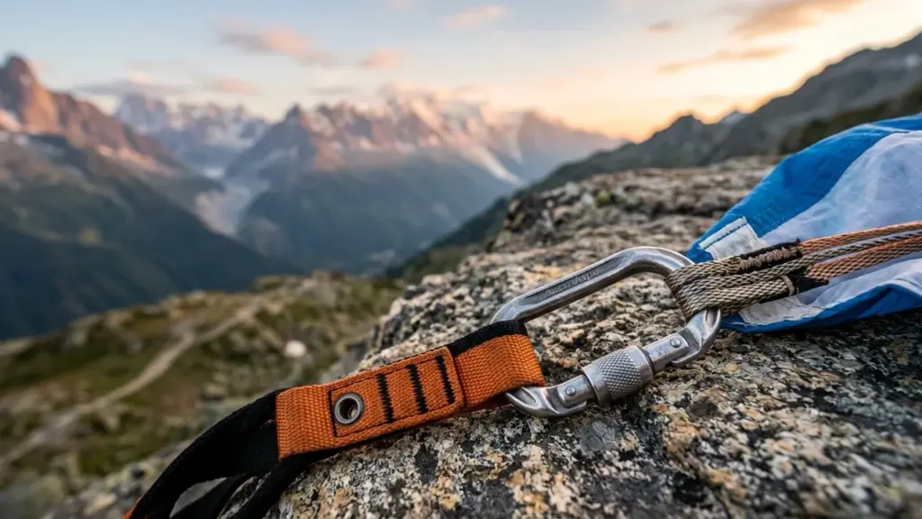 Un mousqueton d'escalade attaché à une sangle orange posé sur un rocher en montagne.