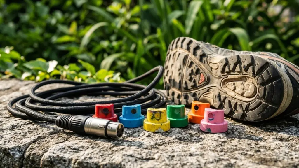Un câble audio XLR noir près d'embouts de spray colorés et une basket sale.