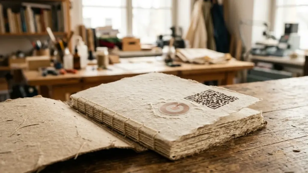Un livre artisanal en papier texturé avec un code QR et une puce intégrés.