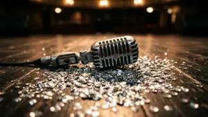Un microphone vintage posé sur une scène en bois entouré de paillettes scintillantes.