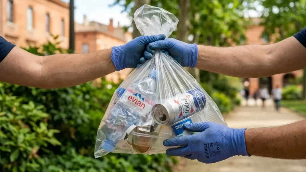 Deux personnes portant des gants bleus tiennent ensemble un sac plastique rempli de déchets recyclables.