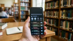 Une main tenant un smartphone affichant le panneau de configuration rapide dans une bibliothèque.