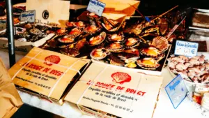 Étals de coquilles Saint-Jacques fraîches sur un marché local à Brest en France.
