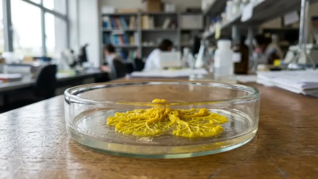 Une moisissure jaune ramifiée pousse dans une boîte de Pétri posée sur une table.