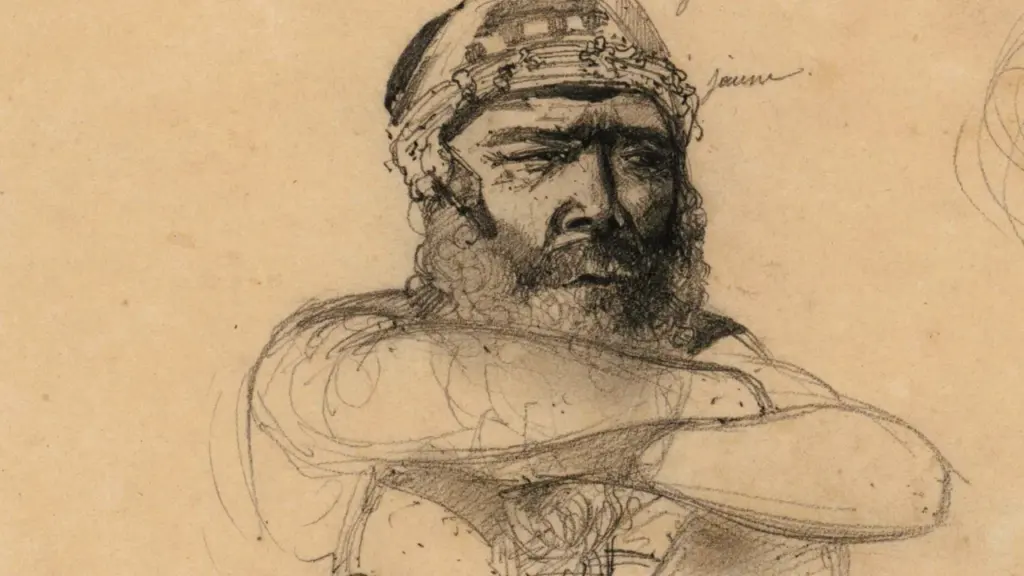 Dessin au fusain représentant un homme barbu portant un couvre-chef traditionnel sur fond beige.