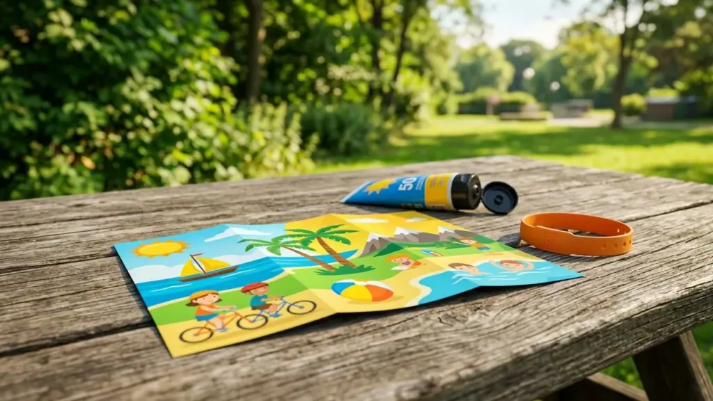 Une illustration colorée de vacances, un tube de crème solaire et un bracelet sur table.