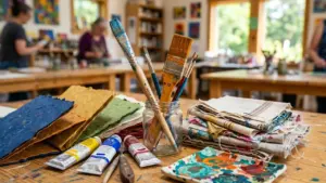 Pinceaux dans un bocal en verre, tubes de peinture et tissus sur une table d'atelier.