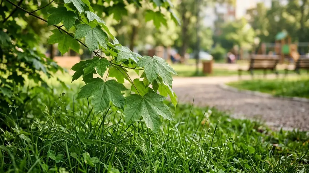Gros plan sur des feuilles d'érable vertes humides surplombant un parc public ensoleillé.
