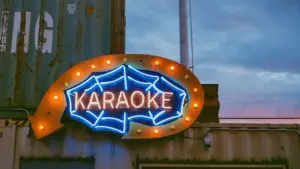 Enseigne lumineuse néon affichant le mot Karaoke sur un conteneur industriel rétroéclairé.