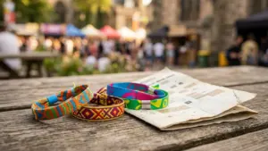 Trois bracelets de festival colorés posés sur une table en bois près d'un programme papier.