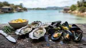 Huîtres fraîches et moules cuisinées sur une table en bois près d'une baie maritime.