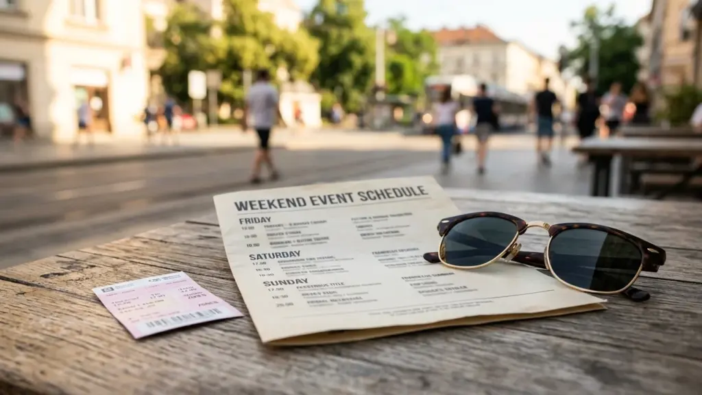 Un programme d'événements et des lunettes de soleil posés sur une table en terrasse.