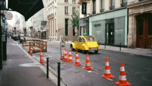 Une voiture jaune circulant dans une rue parisienne bordée de cônes de signalisation.