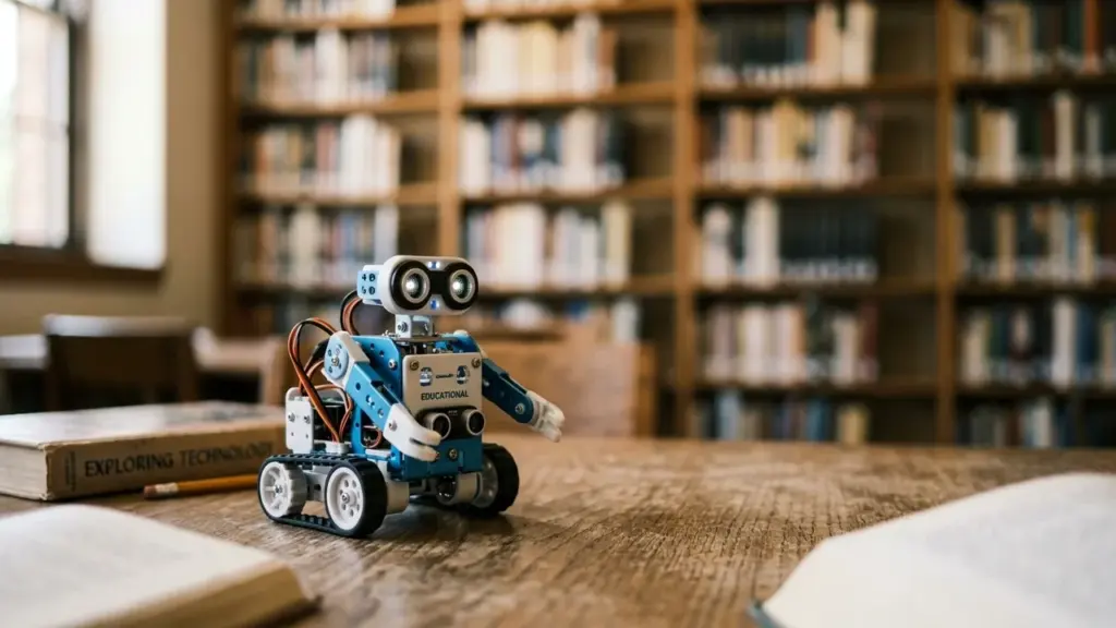 Petit robot bleu et blanc posé sur une table en bois dans une bibliothèque.