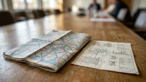 Une carte de réseau de transport et des plans architecturaux posés sur une table.