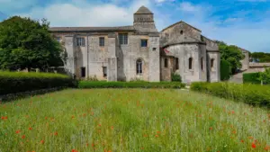 Vue panoramique de l'abbaye historique avec un champ de coquelicots au premier plan.