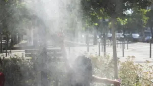 Une personne de dos lève les bras dans un nuage de brumisateur urbain rafraîchissant.