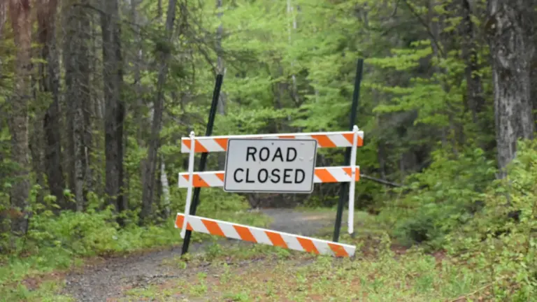 Barrière de sécurité barrant l'accès à un chemin forestier en zone boisée