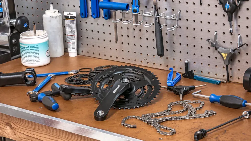 Un établi de mécanicien vélo avec divers outils et pièces de transmission disposés dessus.