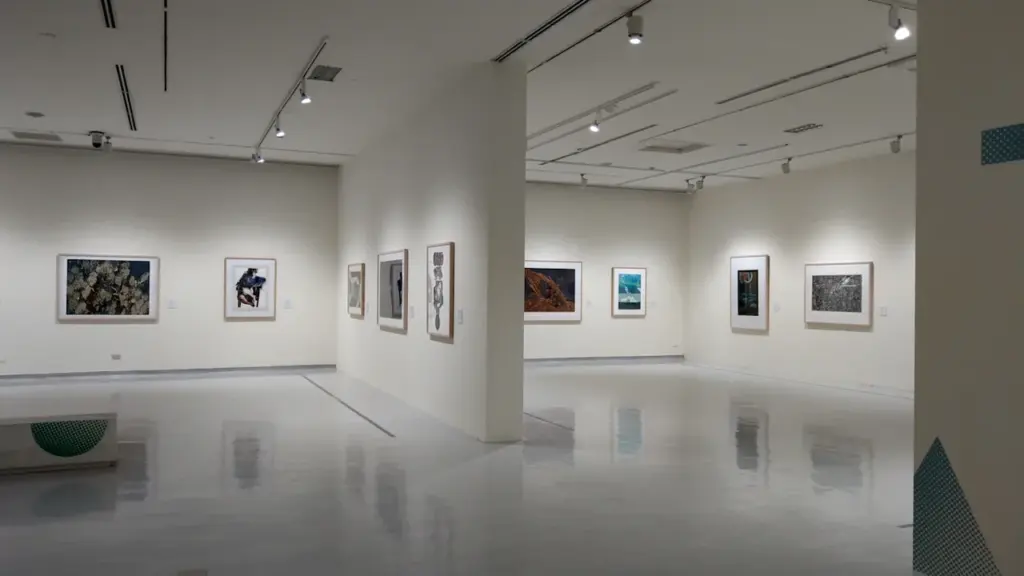 Une galerie d'art moderne spacieuse avec des photographies encadrées sur des murs blancs.