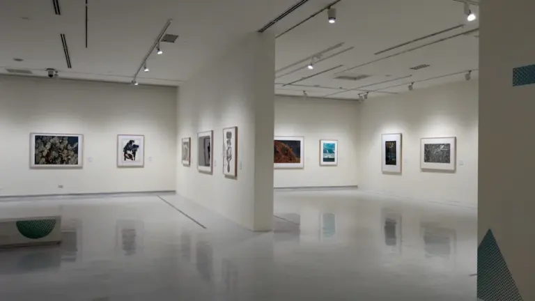 Une galerie d'art moderne spacieuse avec des photographies encadrées sur des murs blancs.
